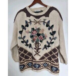 Vtg Shenanigans Sweater Womens L Hand Knitted Floral Cottagecore Grandma Floral